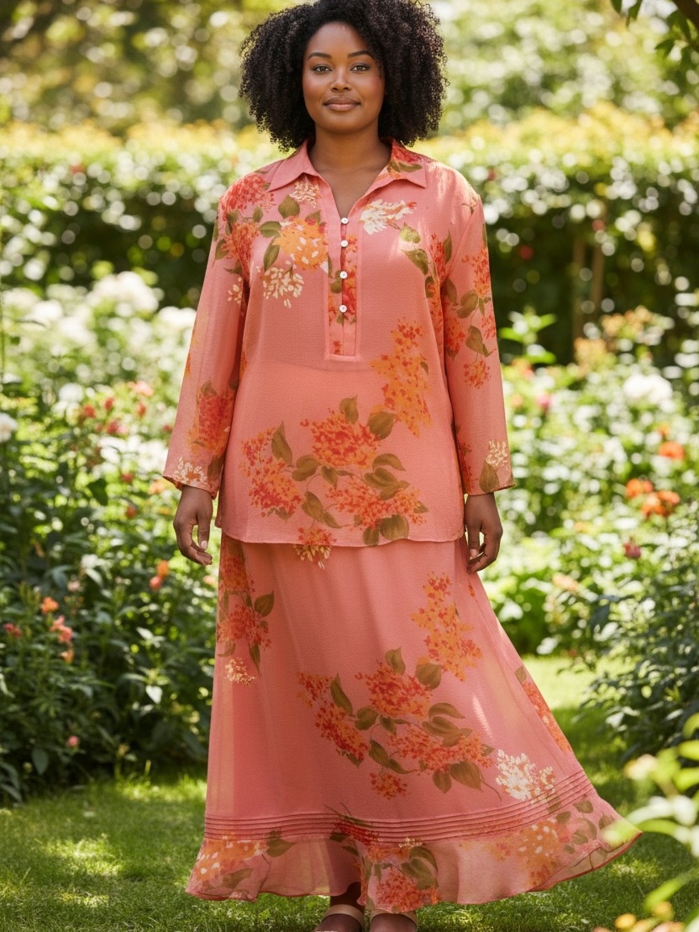 90s 2PC CYNTHIA HOWIE SILK FLORAL OVERSIZED 3/4 SLEEVE & MATCHING SKIRT W RUFFLE
